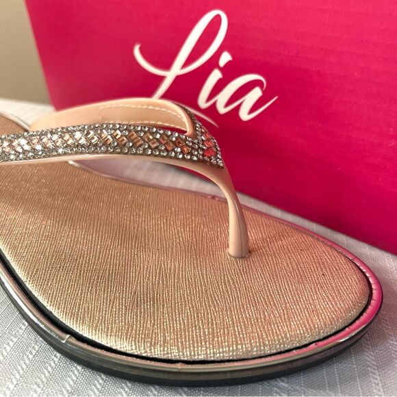 Lia Rose Gold Shimmer Bejeweled Flip Flop Thong Sandal Size 9 NWT - Picture 5 of 13